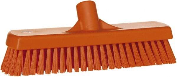 Vikan - 1.7" Bristle Length, Polyester Scrub Brush - 11-1/4" Long x 3" Wide Head, 12" OAL, European Threaded Handle, Orange, Polypropylene Block - Eagle Tool & Supply