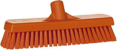 Vikan - 1.7" Bristle Length, Polyester Scrub Brush - 11-1/4" Long x 3" Wide Head, 12" OAL, European Threaded Handle, Orange, Polypropylene Block - Eagle Tool & Supply