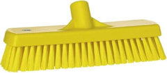 Vikan - 1.7" Bristle Length, Polyester Scrub Brush - 11-1/4" Long x 3" Wide Head, 12" OAL, European Threaded Handle, Yellow, Polypropylene Block - Eagle Tool & Supply