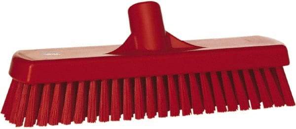 Vikan - 1.7" Bristle Length, Polyester Scrub Brush - 11-1/4" Long x 3" Wide Head, 12" OAL, European Threaded Handle, Red, Polypropylene Block - Eagle Tool & Supply