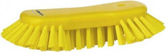 Vikan - 1.3" Bristle Length, Polyester Utility Scrub Brush - 7-3/4" Long x 3" Wide Head, 8" OAL, European Threaded Handle, Yellow, Polypropylene Block - Eagle Tool & Supply