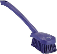 Vikan - 1.3" Bristle Length, Polyester Scrub Brush - 4" Long x 2-3/4" Wide Head, 15-3/4" OAL, Purple, Polypropylene Block - Eagle Tool & Supply