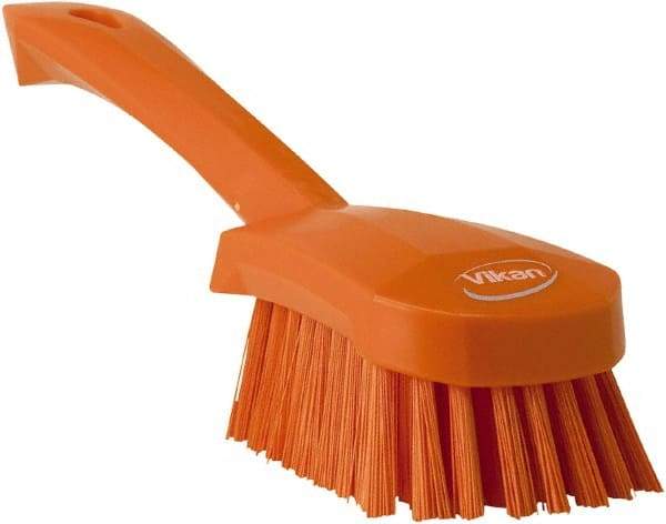 Vikan - 1.3" Bristle Length, Polyester Scrub Brush - 4-1/4" Long x 2-3/4" Wide Head, 10" OAL, Orange, Polypropylene Block - Eagle Tool & Supply