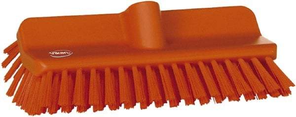 Vikan - 1-1/2" Bristle Length, Polyester Cleaning & Finishing Brush - 9-5/8" Long x 5" Wide Head, 10" OAL, European Threaded Handle, Orange, Polypropylene Block - Eagle Tool & Supply