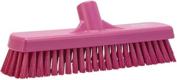 Vikan - 1.7" Bristle Length, Polyester Scrub Brush - 11-1/4" Long x 3" Wide Head, 12" OAL, European Threaded Handle, Pink, Polypropylene Block - Eagle Tool & Supply