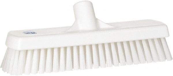 Vikan - 1.7" Bristle Length, Polyester Scrub Brush - 11-1/4" Long x 3" Wide Head, 12" OAL, European Threaded Handle, White, Polypropylene Block - Eagle Tool & Supply