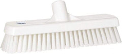 Vikan - 1.7" Bristle Length, Polyester Scrub Brush - 11-1/4" Long x 3" Wide Head, 12" OAL, European Threaded Handle, White, Polypropylene Block - Eagle Tool & Supply