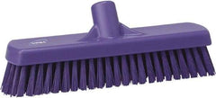 Vikan - 1.7" Bristle Length, Polyester Scrub Brush - 11-1/4" Long x 3" Wide Head, 12" OAL, European Threaded Handle, Purple, Polypropylene Block - Eagle Tool & Supply