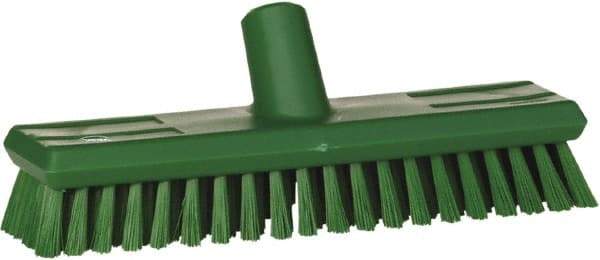 Vikan - 1.3" Bristle Length, Polyester Scrub Brush - 10-3/4" Long x 2-1/2" Wide Head, 11" OAL, European Threaded Handle, Green, Polypropylene Block - Eagle Tool & Supply