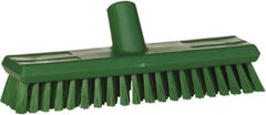 Vikan - 1.3" Bristle Length, Polyester Scrub Brush - 10-3/4" Long x 2-1/2" Wide Head, 11" OAL, European Threaded Handle, Green, Polypropylene Block - Eagle Tool & Supply