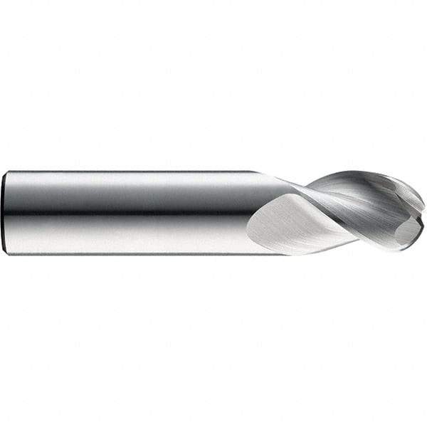 SGS - 3mm Diam, 5mm LOC, 3 Flute Solid Carbide Ball End Mill - TiB2 Finish, Single End, 57mm OAL, 3mm Shank Diam, Spiral Flute - Eagle Tool & Supply
