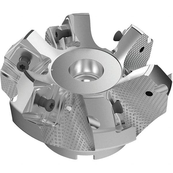 Seco - 3.15" Cut Diam, 1" Arbor Hole, 9mm Max Depth of Cut, 48° Indexable Chamfer & Angle Face Mill - 6 Inserts, Right Hand Cut, 6 Flutes, Through Coolant, Series R220.54 - Eagle Tool & Supply