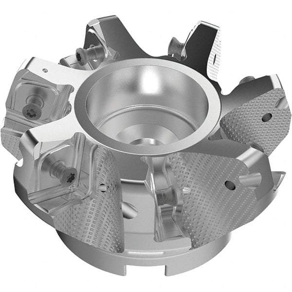 Seco - 100mm Cut Diam, 32mm Arbor Hole, 11mm Max Depth of Cut, 71° Indexable Chamfer & Angle Face Mill - 7 Inserts, 63 Insert, Right Hand Cut, 7 Flutes, Through Coolant, Series R220.56 - Eagle Tool & Supply