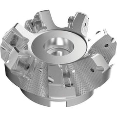 Seco - 3.94" Cut Diam, 1-1/2" Arbor Hole, 9mm Max Depth of Cut, 48° Indexable Chamfer & Angle Face Mill - 7 Inserts, Right Hand Cut, 7 Flutes, Through Coolant, Series R220.54 - Eagle Tool & Supply
