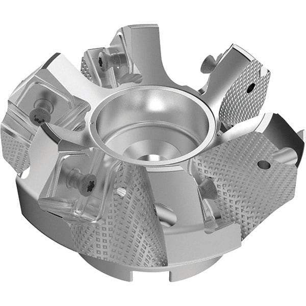 Seco - 80mm Cut Diam, 27mm Arbor Hole, 9mm Max Depth of Cut, 48° Indexable Chamfer & Angle Face Mill - 6 Inserts, 63 Insert, Right Hand Cut, 6 Flutes, Through Coolant, Series R220.54 - Eagle Tool & Supply