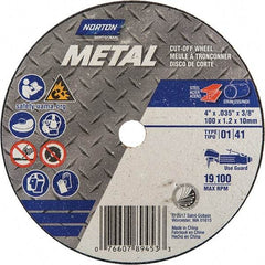 Norton - 4" 60 Grit Aluminum Oxide Cutoff Wheel - 0.035" Thick, 3/8" Arbor, 19,100 Max RPM, Use with Straight Shaft Grinder - Eagle Tool & Supply