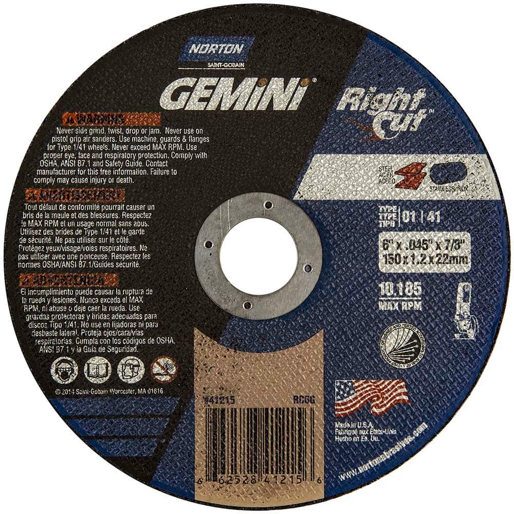 Norton - 6 x 0.045, 7/8" Hole 36 Grit Aluminum Oxide Cutoff Wheel - Eagle Tool & Supply