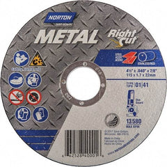 Norton - 4-1/2" 36 Grit Aluminum Oxide Cutoff Wheel - 0.045" Thick, 7/8" Arbor, 13,580 Max RPM, Use with Angle Grinders - Eagle Tool & Supply