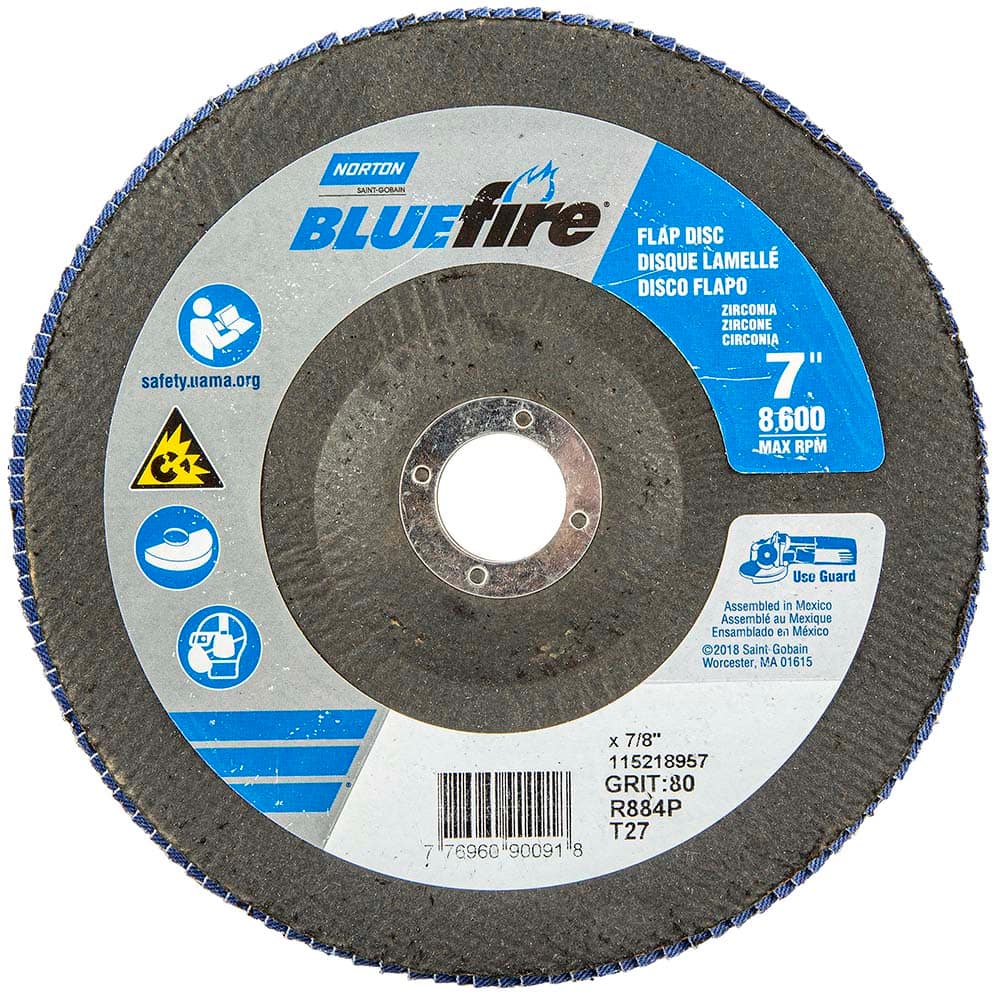 Norton - 7" 80 Grit 7/8" Center Hole Type 27 Zirconia Alumina Flap Disc - Eagle Tool & Supply