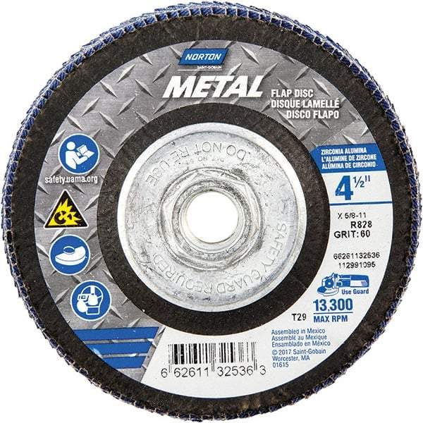 Norton - 60 Grit, 4-1/2" Disc Diam, 5/8-11 Center Hole, Type 29 Zirconia Alumina Flap Disc - 13,300 Max RPM, Fiberglass Backing, Arbor Attaching System, Coated - Eagle Tool & Supply