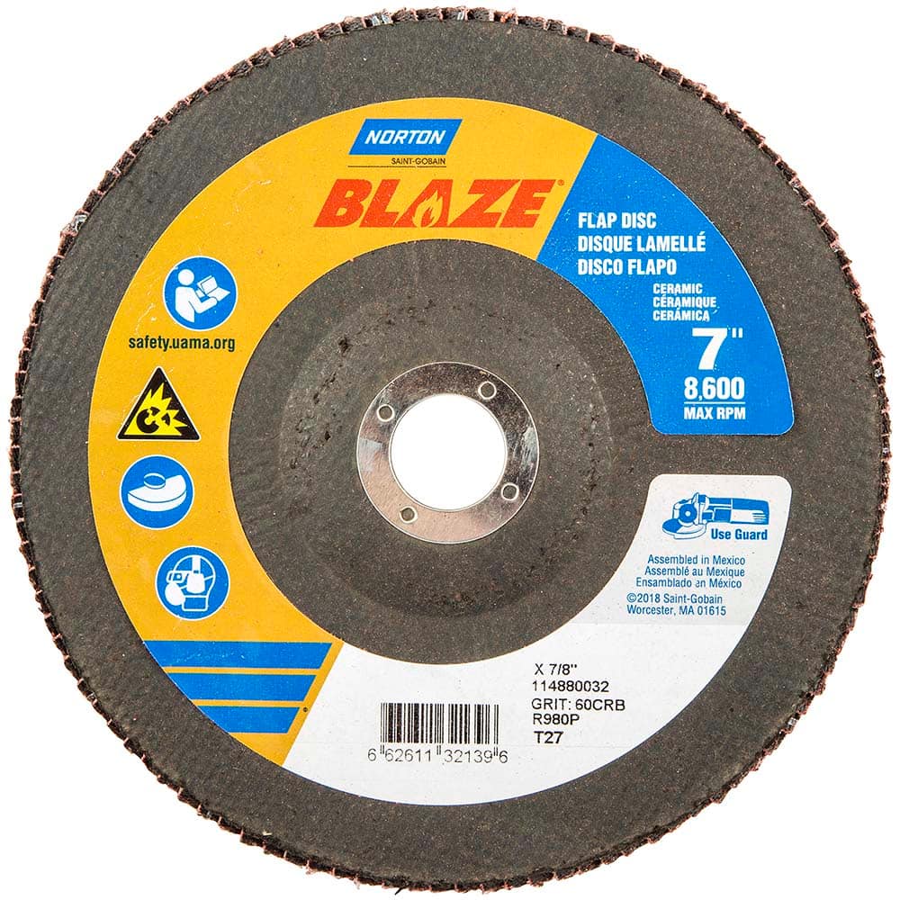 Norton - 7" 60 Grit 7/8" Center Hole Type 27 Ceramic Alumina Flap Disc - Eagle Tool & Supply