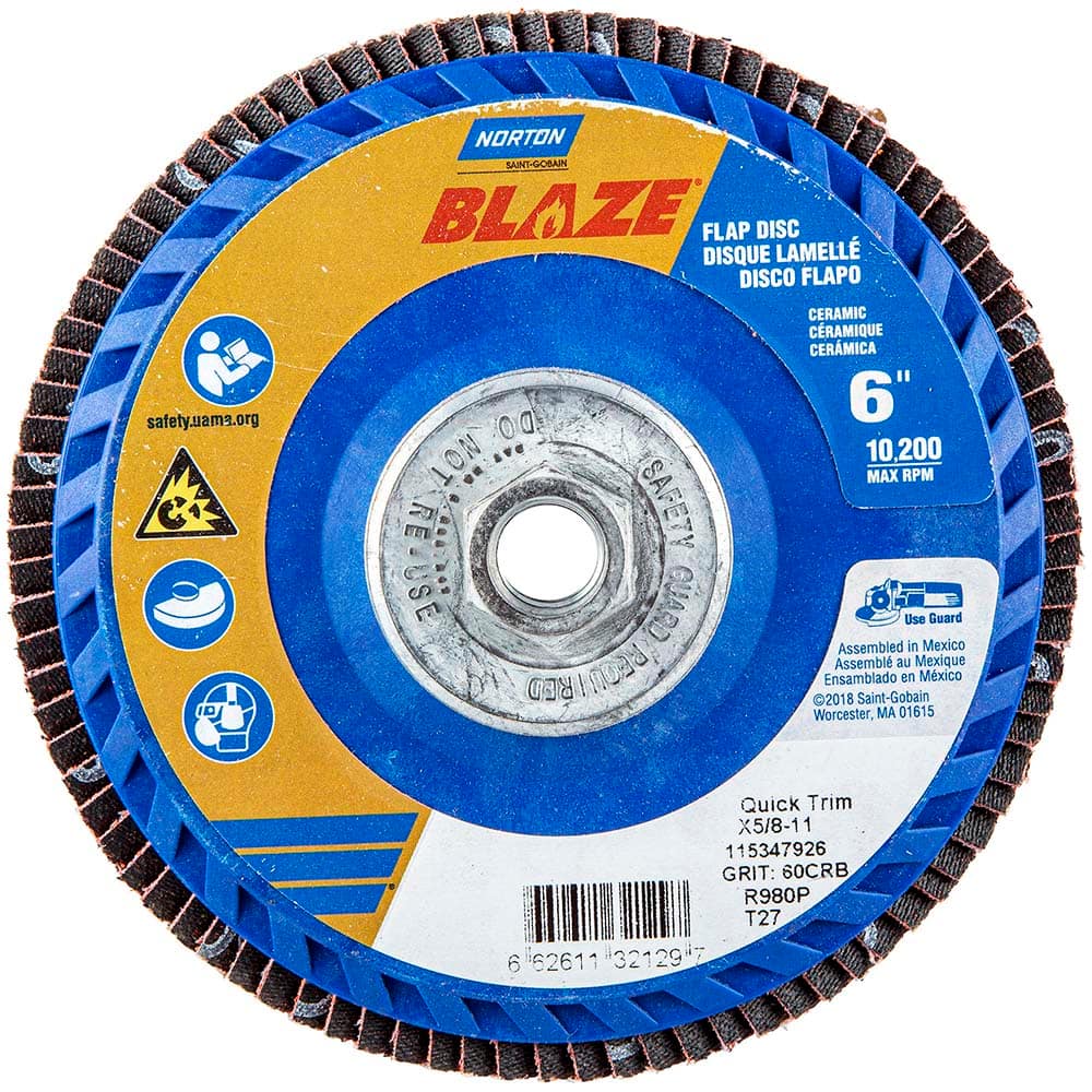 Norton - 6" 60 Grit 5/8-11 Center Hole Type 27 Ceramic Alumina Flap Disc - Eagle Tool & Supply