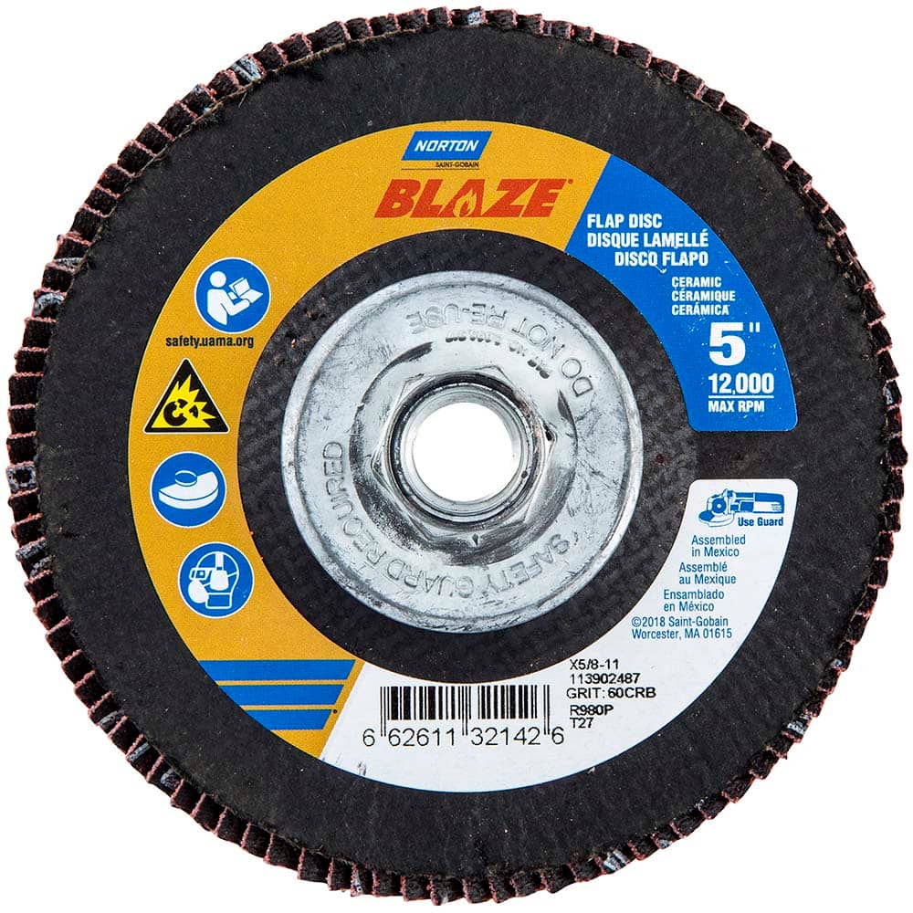 Norton - 5" 60 Grit 5/8-11 Center Hole Type 27 Ceramic Alumina Flap Disc - Eagle Tool & Supply