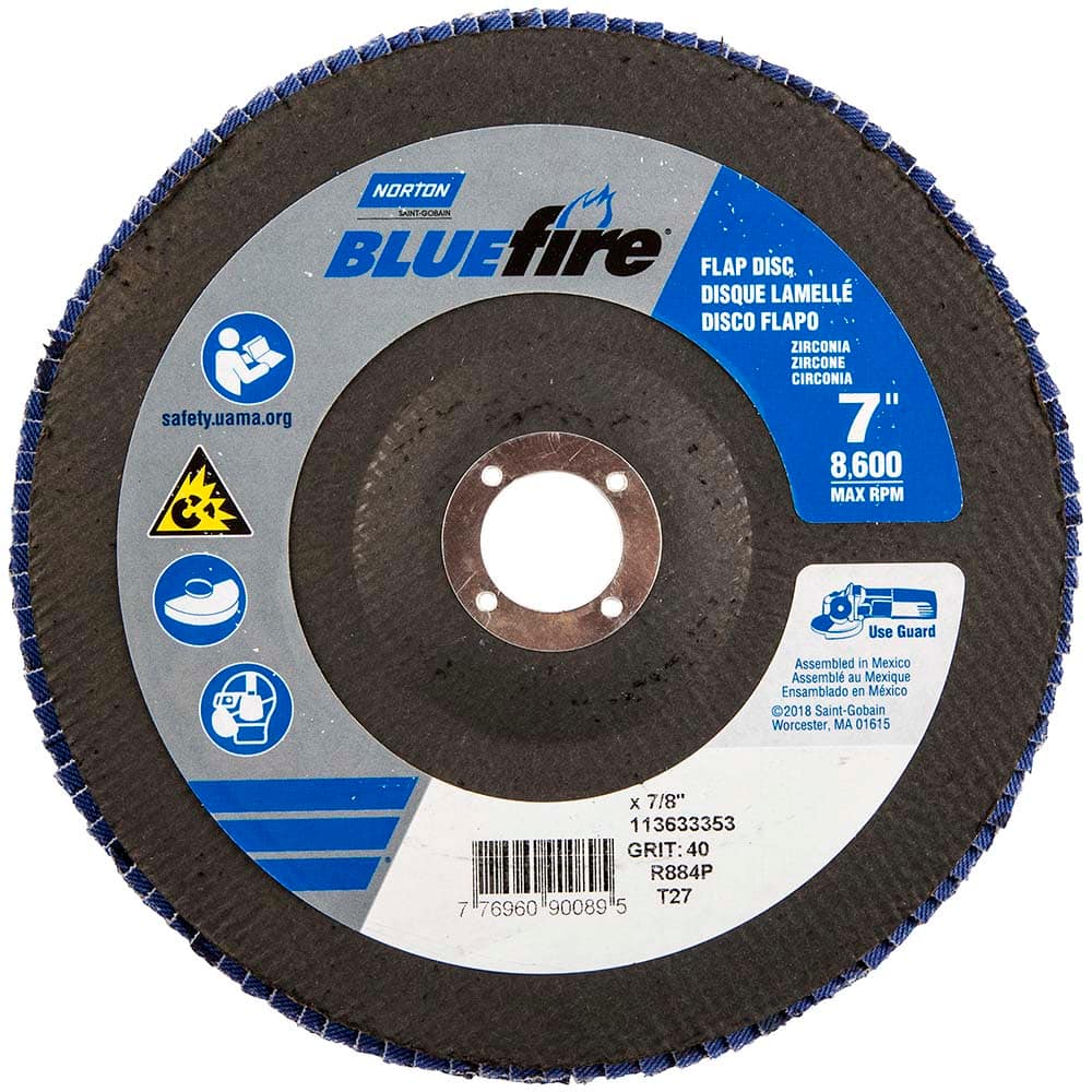 Norton - 7" 40 Grit 7/8" Center Hole Type 27 Zirconia Alumina Flap Disc - Eagle Tool & Supply