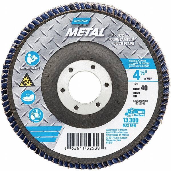 Norton - 40 Grit, 4-1/2" Disc Diam, 7/8" Center Hole, Type 29 Zirconia Alumina Flap Disc - 13,300 Max RPM, Fiberglass Backing, Arbor Attaching System, Coated - Eagle Tool & Supply