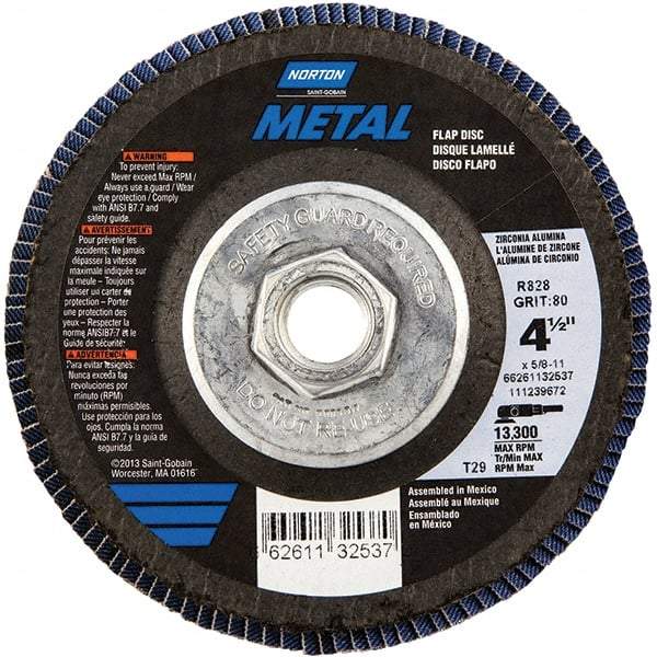 Norton - 80 Grit, 4-1/2" Disc Diam, 5/8-11 Center Hole, Type 29 Zirconia Alumina Flap Disc - 13,300 Max RPM, Fiberglass Backing, Arbor Attaching System, Coated - Eagle Tool & Supply