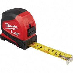 Milwaukee Tool - 26' x 1" Yellow Steel Blade Tape Measure - 1/16", 1mm & 1 cm Graduation, Inch/Metric Graduation Style, Red/Black ABS Plastic Case - Eagle Tool & Supply