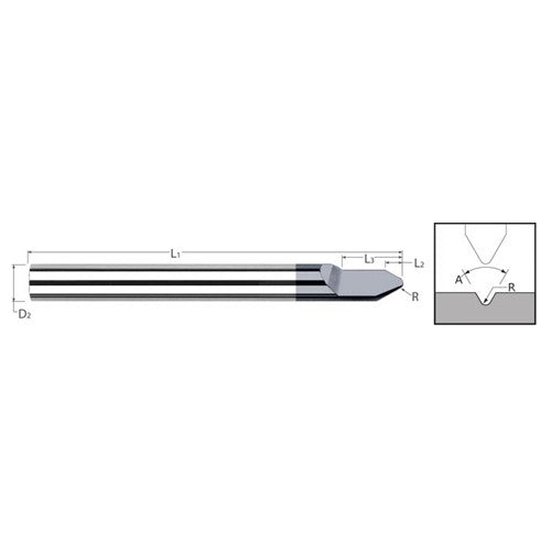 Engraving Cutters - 0.1250″ (1/8″) Shank Diameter × 0.0100″ Radius × 60° included Carbide Radius Engraver, 1 Flute, Amorphous Diamond Coated - Exact Industrial Supply