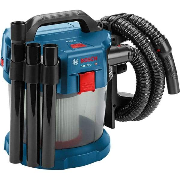 Bosch - 2.6 Gal Plastic Tank, Battery Powered Wet/Dry Vacuum - 18 Volt, 6.3 Amps, 5-1/4' Hose Fitting, Cordless - Eagle Tool & Supply