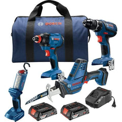 Bosch - 13 Piece 18 Volt Cordless Tool Combination Kit - Includes 1/2" Compact Drill/Driver, Impact Driver, Compact Reciprocating Saw & Work Light, Lithium-Ion Battery Included - Eagle Tool & Supply