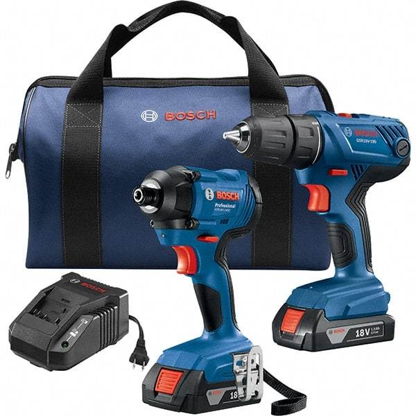 Bosch - 7 Piece 18 Volt Cordless Tool Combination Kit - Includes 1/2" Compact Drill/Driver & 1/4" Impact Driver, Lithium-Ion Battery Included - Eagle Tool & Supply