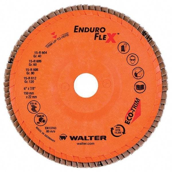 WALTER Surface Technologies - 120 Grit, 6" Disc Diam, 7/8" Center Hole, Type 27 Zirconia Alumina Flap Disc - 10,200 Max RPM, Poly Cotton Backing, Threaded Hole Attaching System, Coated - Eagle Tool & Supply