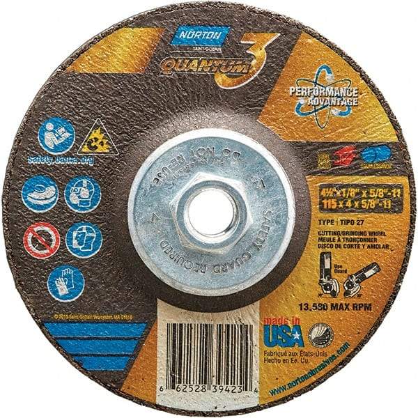 Norton - 24 Grit, 4-1/2" Wheel Diam, 1/8" Wheel Thickness, 5/8" Arbor Hole, Type 27 Depressed Center Wheel - Coarse Grade, Ceramic, Resinoid Bond, 13,580 Max RPM - Eagle Tool & Supply