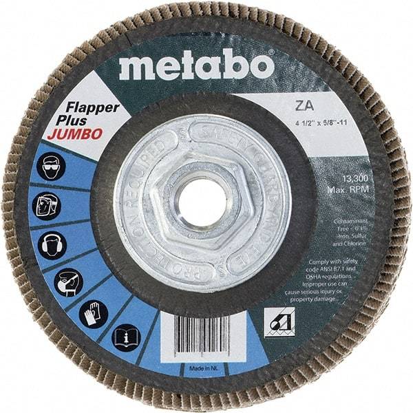 Metabo - 60 Grit, 4-1/2" Disc Diam, 5/8-11 Center Hole, Type 27 Zirconia Alumina Flap Disc - 13,300 Max RPM, Fiberglass Backing, Arbor Attaching System, Coated - Eagle Tool & Supply