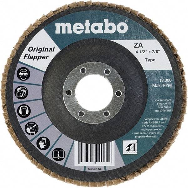 Metabo - 80 Grit, 4-1/2" Disc Diam, 7/8" Center Hole, Type 27 Zirconia Alumina Flap Disc - 13,300 Max RPM, Fiberglass Backing, Arbor Attaching System, Coated - Eagle Tool & Supply