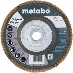 Metabo - 80 Grit, 4-1/2" Disc Diam, 5/8-11 Center Hole, Type 27 Zirconia Alumina Flap Disc - 13,300 Max RPM, Fiberglass Backing, Arbor Attaching System, Coated - Eagle Tool & Supply