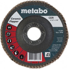 Metabo - 80 Grit, 4-1/2" Disc Diam, 7/8" Center Hole, Type 29 Ceramic Flap Disc - 13,300 Max RPM, Fiberglass Backing, Arbor Attaching System, Coated - Eagle Tool & Supply