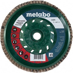 Metabo - 40 Grit, 5" Disc Diam, 5/8-11 Center Hole, Type 29 Ceramic Flap Disc - 12,200 Max RPM, Plastic Backing, Arbor Attaching System, Coated - Eagle Tool & Supply