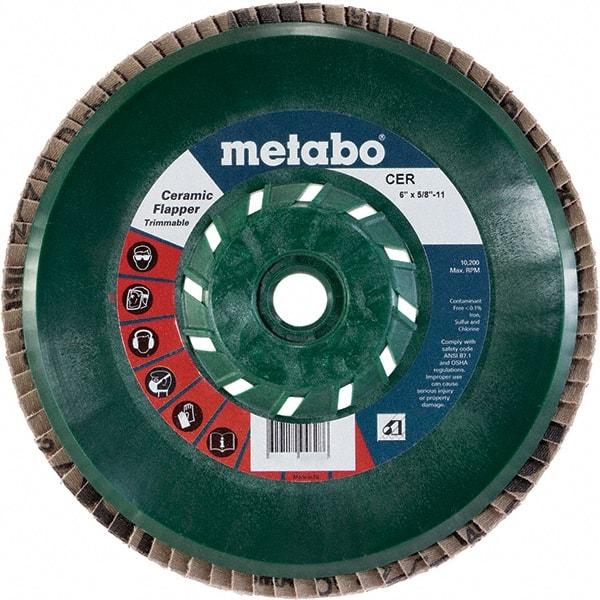 Metabo - 40 Grit, 6" Disc Diam, 5/8-11 Center Hole, Type 29 Ceramic Flap Disc - 10,200 Max RPM, Plastic Backing, Arbor Attaching System, Coated - Eagle Tool & Supply