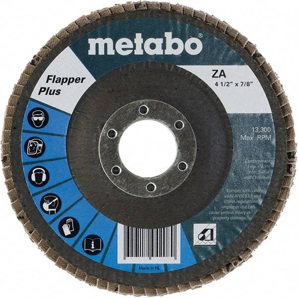 Metabo - 80 Grit, 4-1/2" Disc Diam, 7/8" Center Hole, Type 27 Zirconia Alumina Flap Disc - 13,300 Max RPM, Fiberglass Backing, Arbor Attaching System, Coated - Eagle Tool & Supply