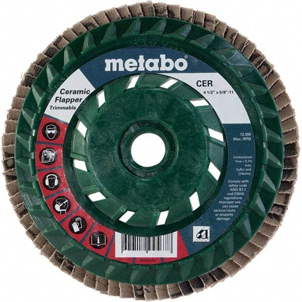 Metabo - 80 Grit, 4-1/2" Disc Diam, 5/8-11 Center Hole, Type 29 Ceramic Flap Disc - 13,300 Max RPM, Plastic Backing, Arbor Attaching System, Coated - Eagle Tool & Supply