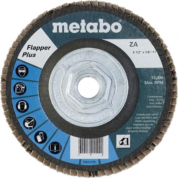 Metabo - 80 Grit, 4-1/2" Disc Diam, 5/8-11 Center Hole, Type 29 Zirconia Alumina Flap Disc - 13,300 Max RPM, Fiberglass Backing, Arbor Attaching System, Coated - Eagle Tool & Supply