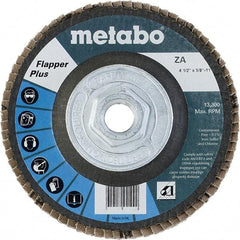 Metabo - 60 Grit, 4-1/2" Disc Diam, 5/8-11 Center Hole, Type 27 Zirconia Alumina Flap Disc - 13,300 Max RPM, Fiberglass Backing, Arbor Attaching System, Coated - Eagle Tool & Supply
