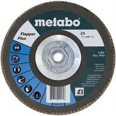 Metabo - 40 Grit, 7" Disc Diam, 5/8-11 Center Hole, Type 27 Zirconia Alumina Flap Disc - 8,500 Max RPM, Fiberglass Backing, Arbor Attaching System, Coated - Eagle Tool & Supply