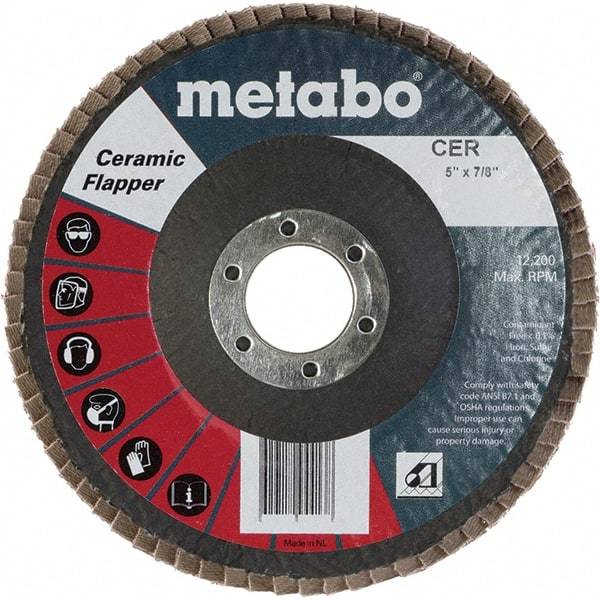 Metabo - 40 Grit, 5" Disc Diam, 7/8" Center Hole, Type 29 Ceramic Flap Disc - 12,200 Max RPM, Fiberglass Backing, Arbor Attaching System, Coated - Eagle Tool & Supply