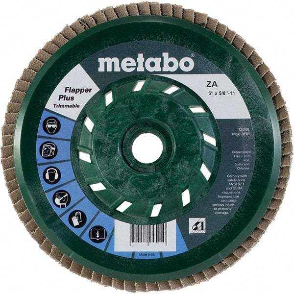 Metabo - 40 Grit, 5" Disc Diam, 5/8-11 Center Hole, Type 29 Zirconia Alumina Flap Disc - 12,200 Max RPM, Plastic Backing, Arbor Attaching System, Coated - Eagle Tool & Supply